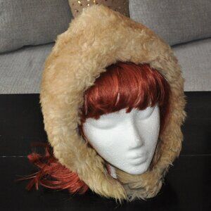 Vintage Wool Bonnet Hood Winter Hat Chin Strap Sheepskin Shearling Cap Unisex S